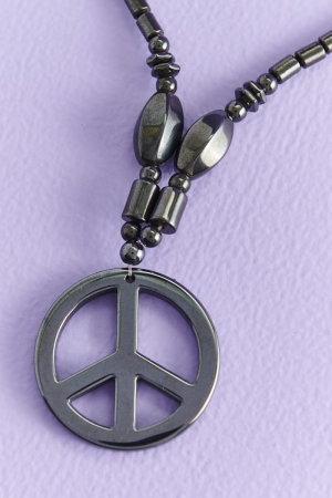 Hematite Peace Sign Necklace up close