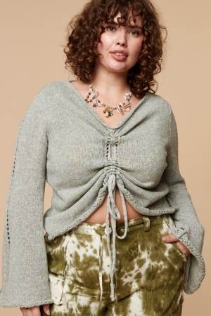 Grey Ruched Tie Sweater Top front view