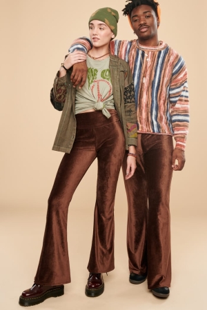 Dark Maple Corduroy Flare Pants front view on girl and guy model