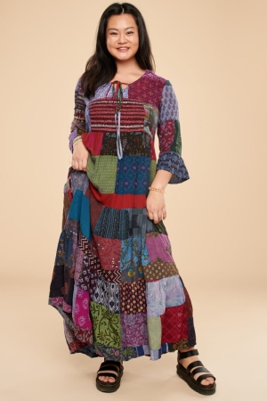Blue Overdyed Patchwork Dress  front view 