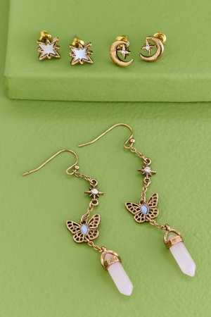 Rose Quartz Golden Butterfly Earring Set laid out