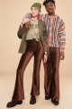 Dark Maple Corduroy Flare Pants front view on girl and guy model